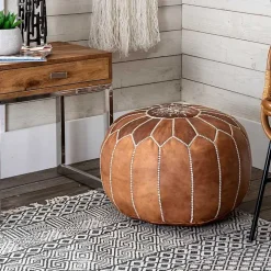 Camel Moroccan Leather Pouf