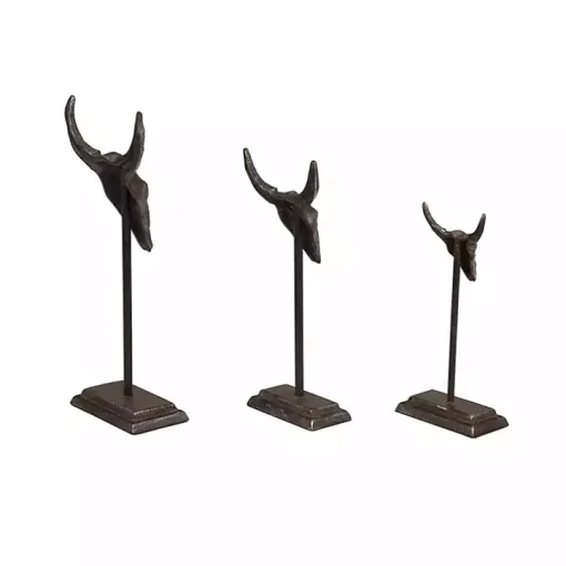 Carved Iron Bullhead Statues, Set of 3