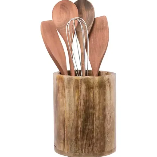 Carved Mango Wood Utensil Crock