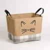 Cat Whiskers Gray Plaid Leather Handle Jute Bin