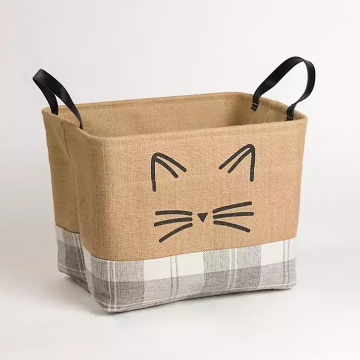 Cat Whiskers Gray Plaid Leather Handle Jute Bin