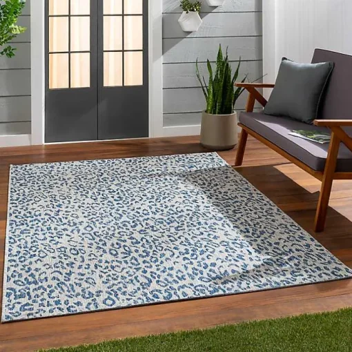 Cauli Blue Leopard Print Outdoor Rug, 5x7