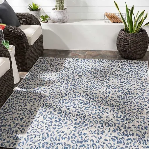 Cauli Blue Leopard Print Outdoor Rug, 5x7