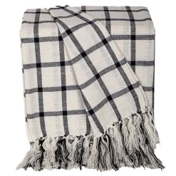 Charcoal and White Plaid Tassel Throw