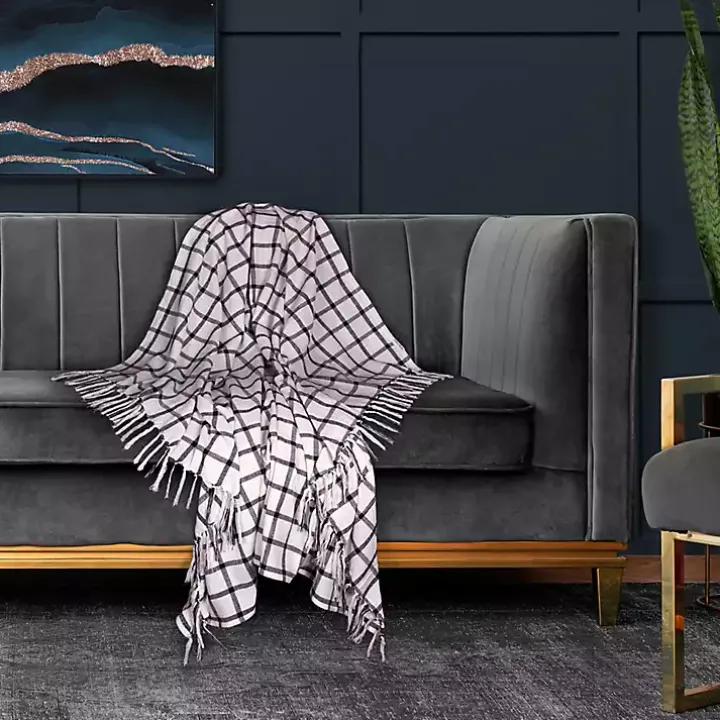 Charcoal and White Plaid Tassel Throw