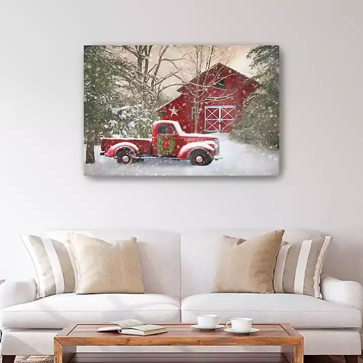Christmas Barn & Truck Canvas Art Print, 48x32 in.