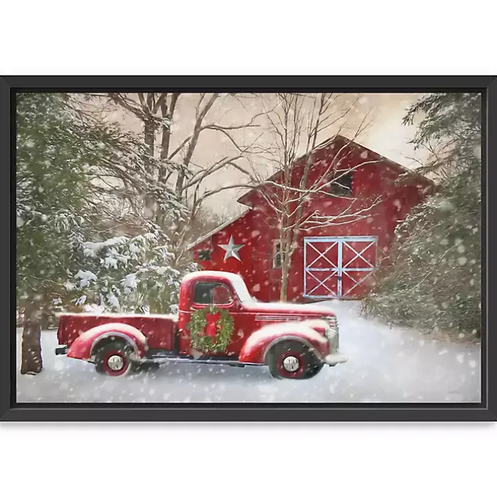 Christmas Barn & Truck Framed Canvas Art Print