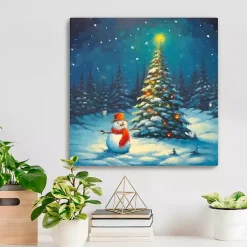 Christmas Tree and Snowman Canvas Art Print