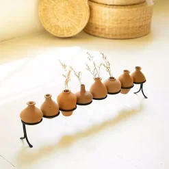 Clay Mini Vases with Iron Base, Set of 9