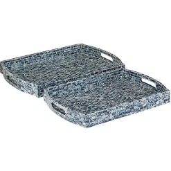 Coastal Blue Wood and Oyster Shell Trays, Set of 2