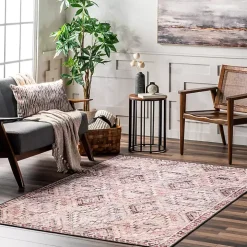 Cream & Red Diamond Trellis Washable Area Rug, 7x9