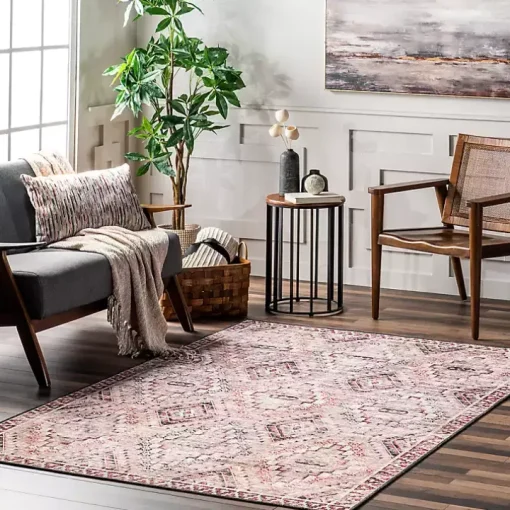 Cream & Red Diamond Trellis Washable Area Rug, 7x9