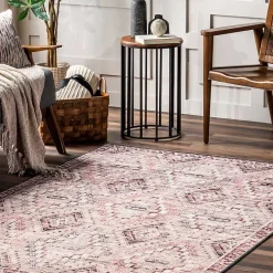 Cream & Red Diamond Trellis Washable Area Rug, 7x9