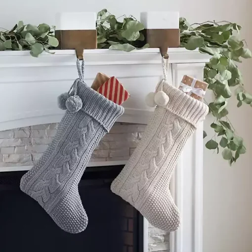 Cream and Gray Cable Knit Stockings, Set of 2