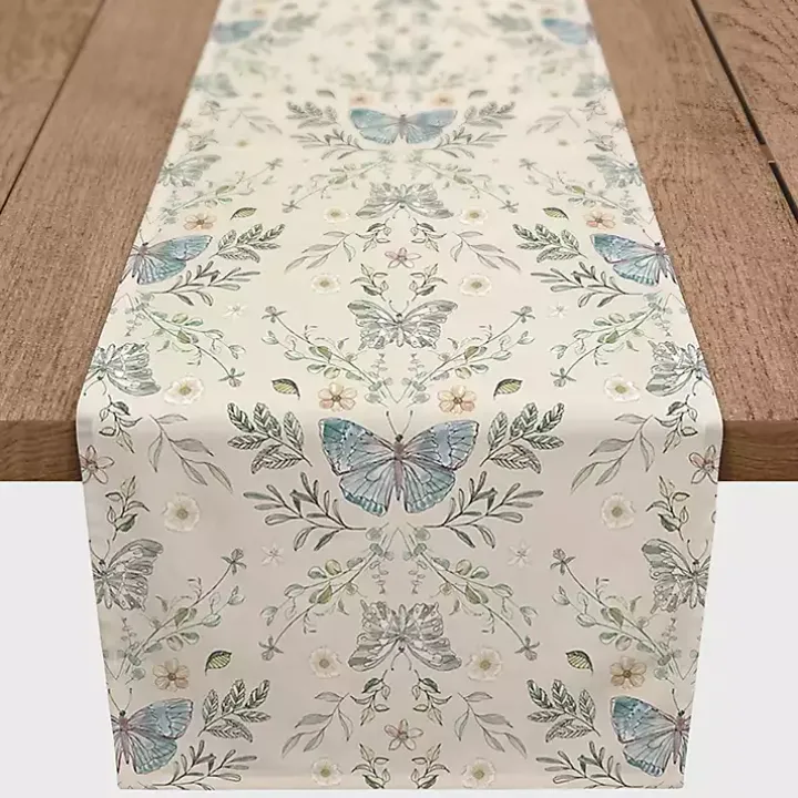 Cream Botanical Butterfly Table Runner, 90 in.