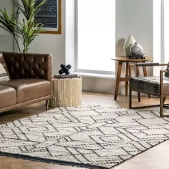 Cream Geometric Diamonds Fringed Area Rug, 7x10