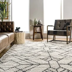 Cream Geometric Diamonds Fringed Area Rug, 7x10