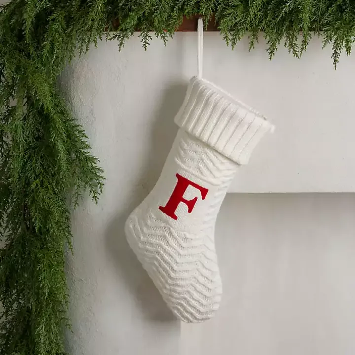 Cream Knit Monogram F Christmas Stocking