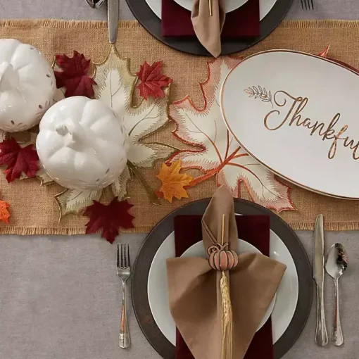 Cream Maple Leaves Embroidered Table Runner