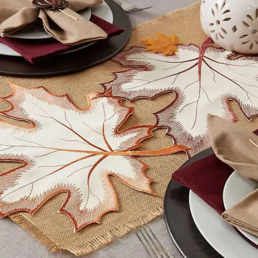Cream Maple Leaves Embroidered Table Runner