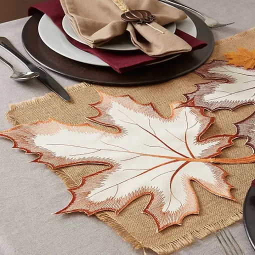 Cream Maple Leaves Embroidered Table Runner