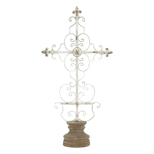 Cream Metal Ornate Cross Tabletop Sculpture