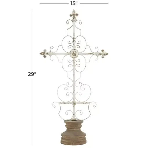 Cream Metal Ornate Cross Tabletop Sculpture