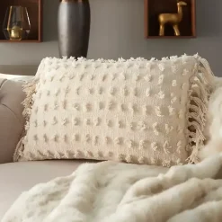 Cream Textured Poms Lumbar Pillow