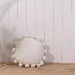 Daisy White Soft Poms Round Throw Pillow