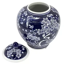 Dark Blue Floral Chinoiserie Jar, 10 in.
