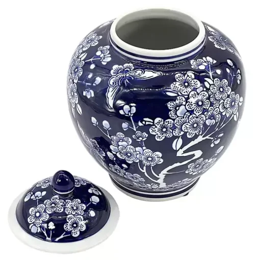 Dark Blue Floral Chinoiserie Jar, 10 in.