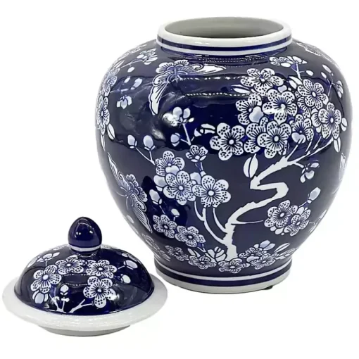 Dark Blue Floral Chinoiserie Jar, 10 in.