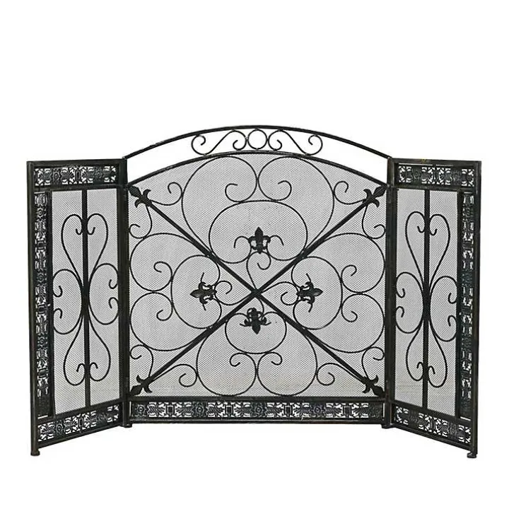 Distressed Fleur De Lis Three-Panel Fire Screen