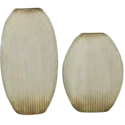 Distressed White and Beige Flat Vases, Set of 2