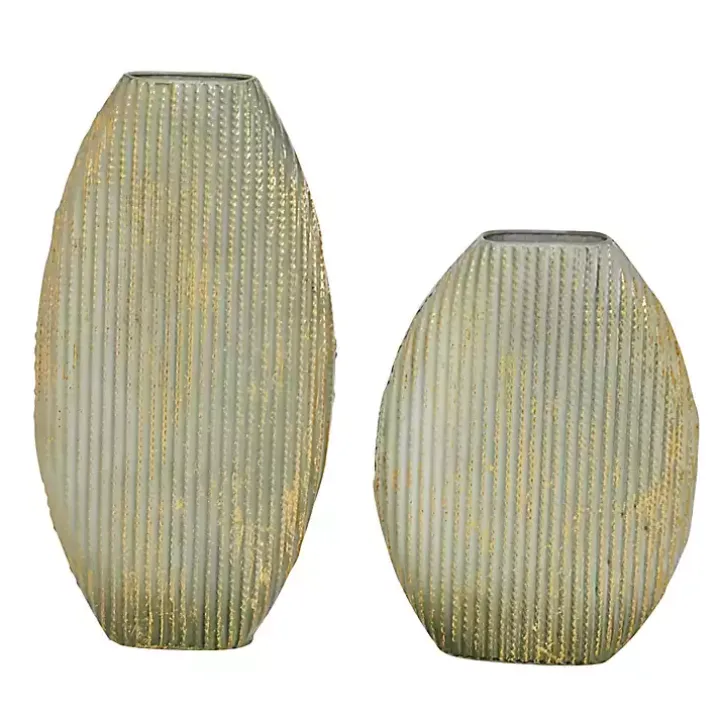 Distressed White and Beige Flat Vases, Set of 2