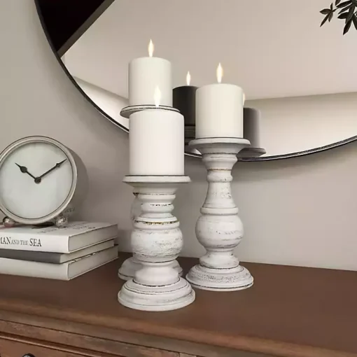 Distressed White Wood 3-pc. Candle Holder Set