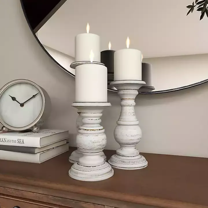 Distressed White Wood 3-pc. Candle Holder Set