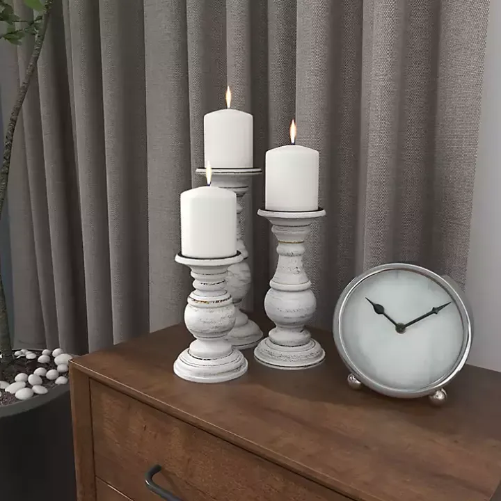 Distressed White Wood 3-pc. Candle Holder Set