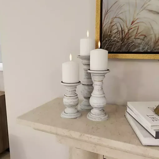 Distressed White Wood 3-pc. Candle Holder Set