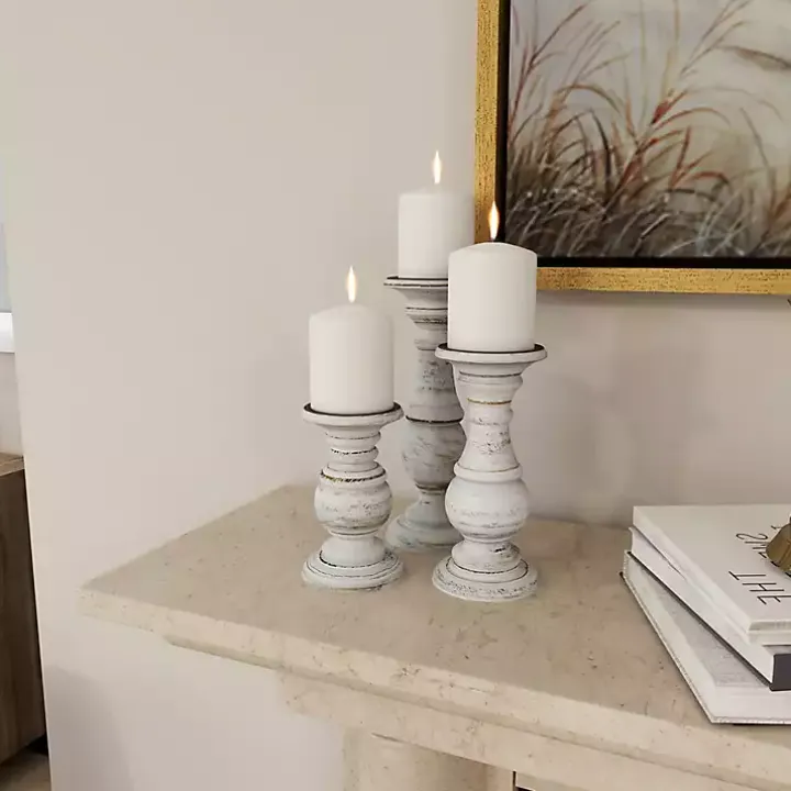 Distressed White Wood 3-pc. Candle Holder Set