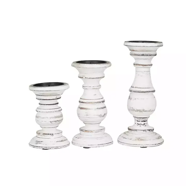 Distressed White Wood 3-pc. Candle Holder Set