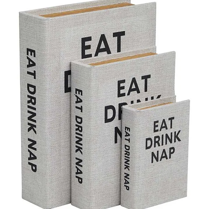 Eat, Drink, Nap Gray Linen Book Boxes, Set of 3