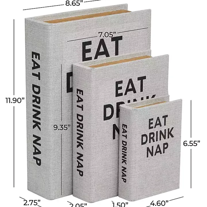 Eat, Drink, Nap Gray Linen Book Boxes, Set of 3