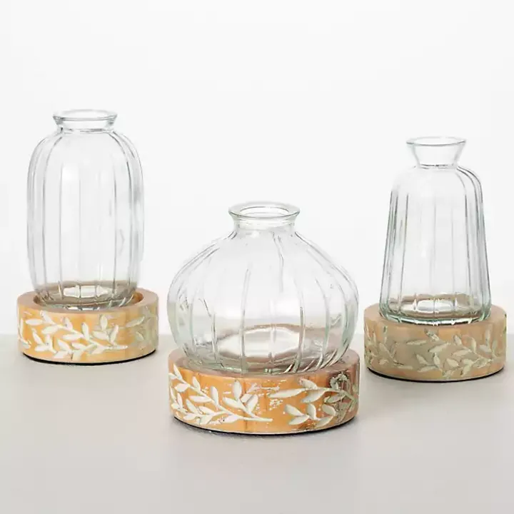 Embossed Wood and Glass Vases, Set of 3