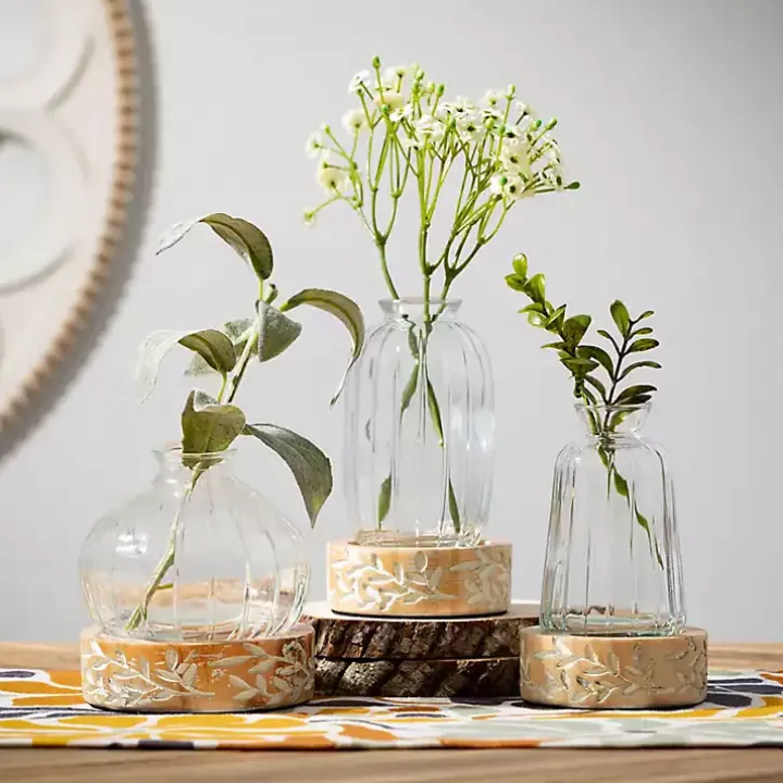 Embossed Wood and Glass Vases, Set of 3
