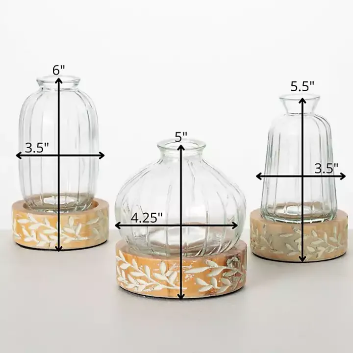 Embossed Wood and Glass Vases, Set of 3