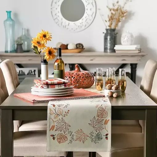 Embroidered Autumn Leaves Table Runner, 108 in.
