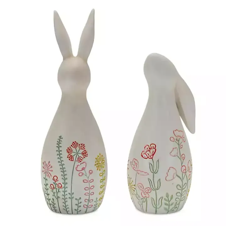 Etched Floral Bunny Statues, Set of 2