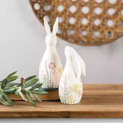 Etched Floral Bunny Statues, Set of 2