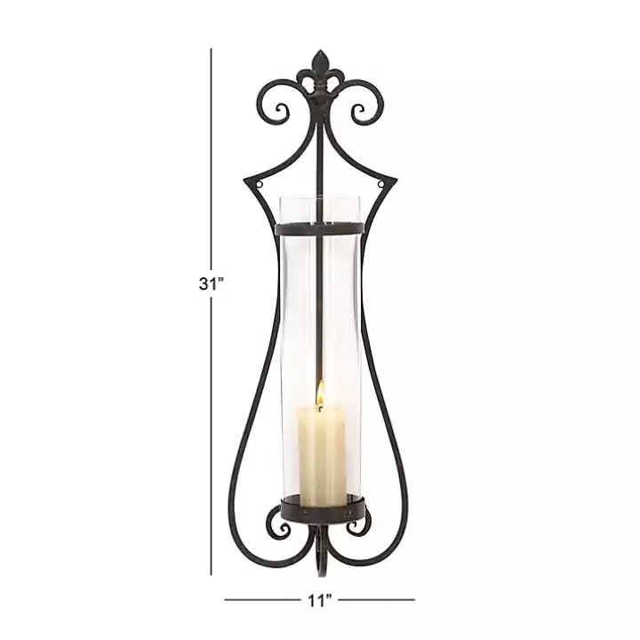 Fleur Distressed Black Iron Sconce, 31 in.